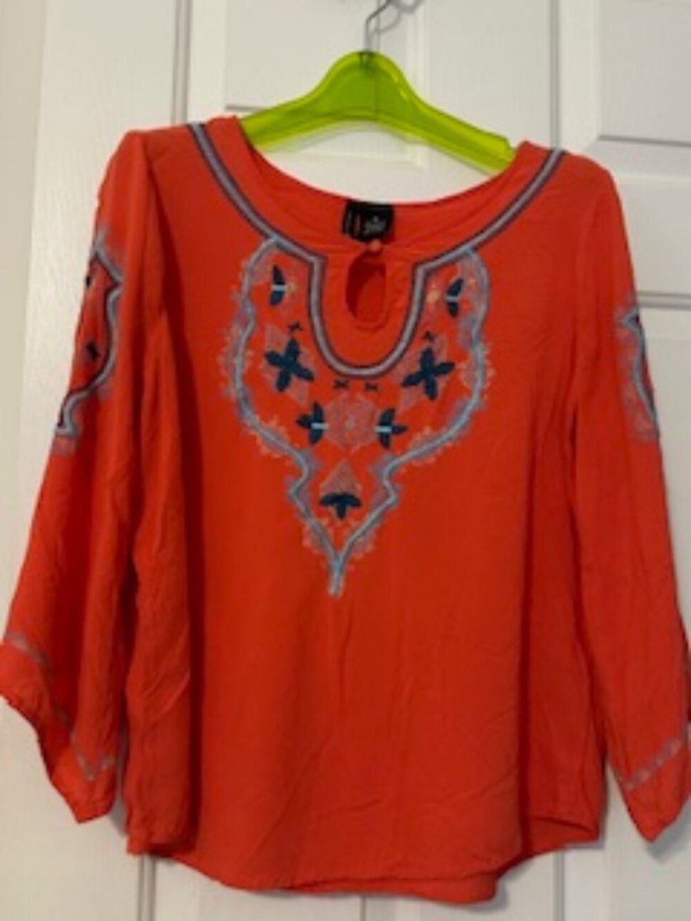Orange, embroidered, 3/4 length flare sleeve silky blouse Sz M
